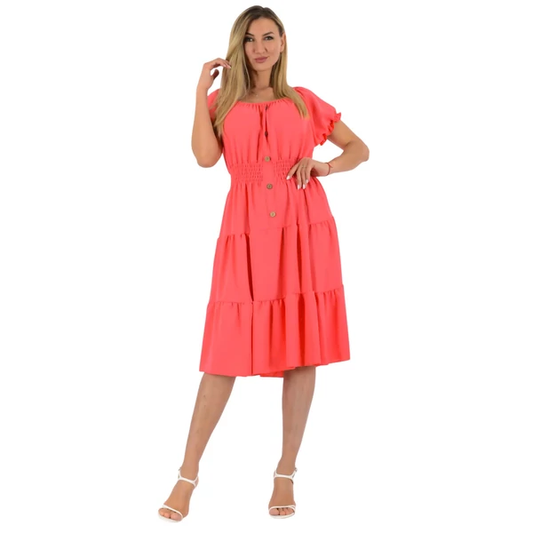 Vállra lehúzható korall színű laza  ruha