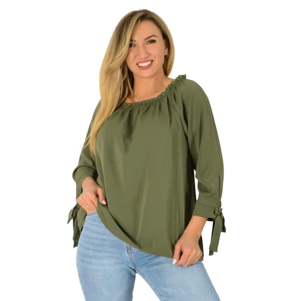 Megkötős ujjú vállra húzható khakizöld felső