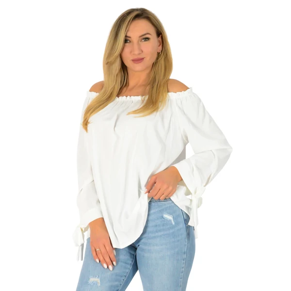 Megkötős ujjú vállra húzható fehér felső