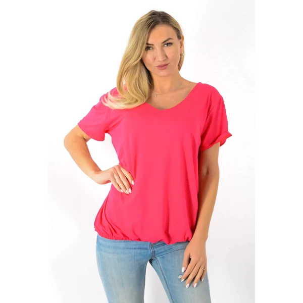 Ívelten V-nyakú, gumis aljú pink felső