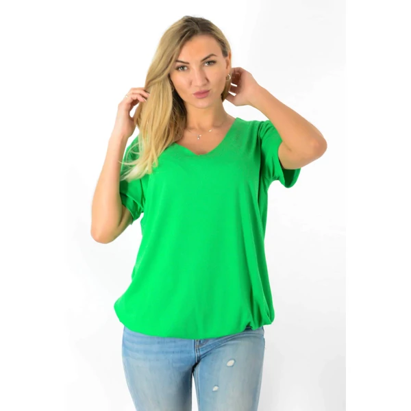 Ívelten V-nyakú, gumis aljú zöld felső