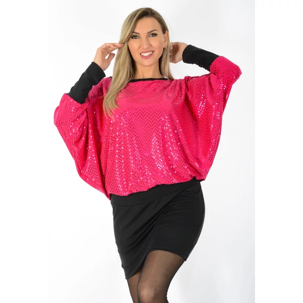 Tükörkonfettis pink-fekete, denevérujjú  ruha