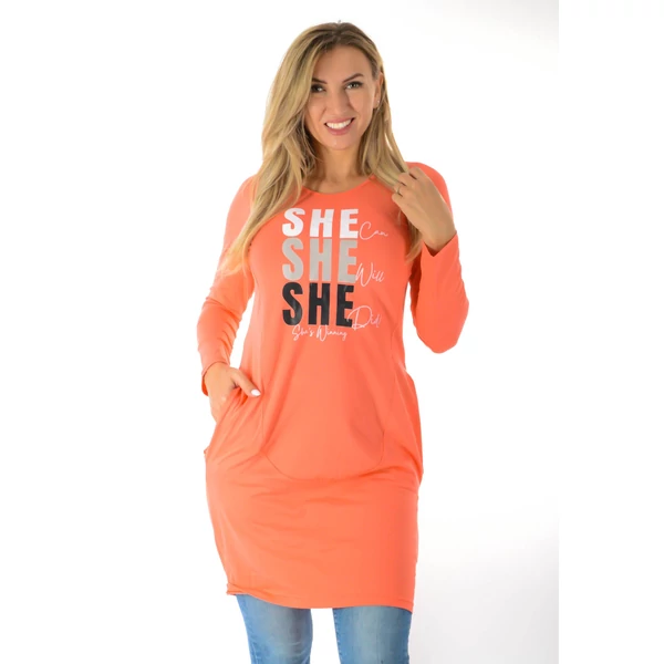 Nyomott mintás zsebes korall tunika/ruha