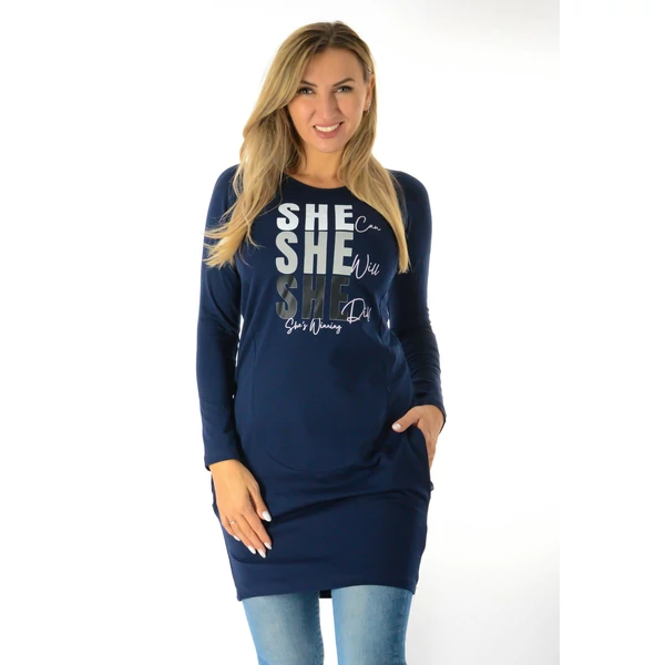 Nyomott mintás zsebes sötétkék tunika/ruha