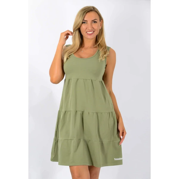 Kereknyakú  A vonalas ujjatlan khakizöld ruha