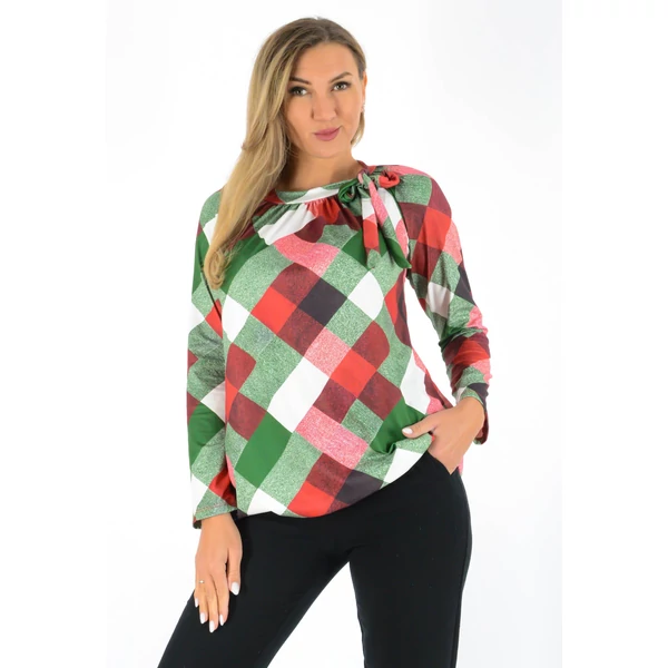 Elől megkötős, gumis aljú mintás felső