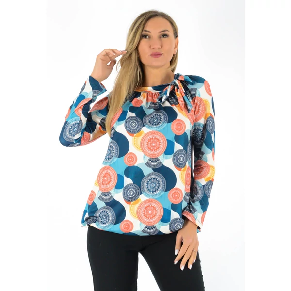 Elől megkötős, gumis aljú mintás felső