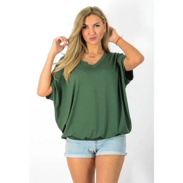 Félvállas gumis derekú V nyakas  khakizöld felső