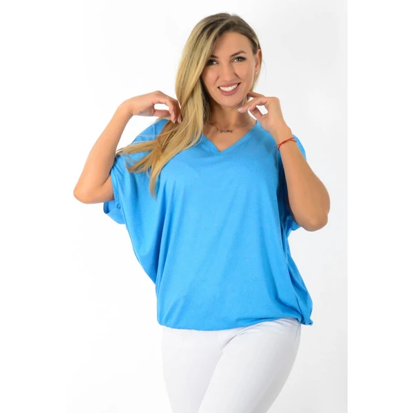 Félvállas gumis derekú V nyakas  azurkék felső