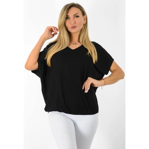 Félvállas gumis derekú V nyakas  fekete felső