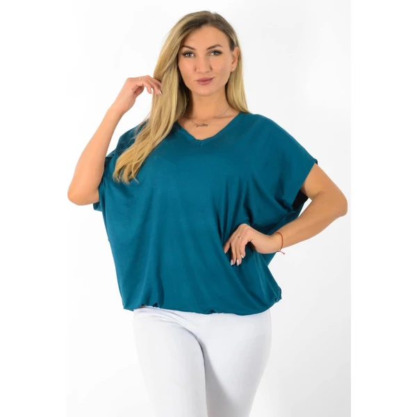 Félvállas gumis derekú V nyakas  petrolkék felső