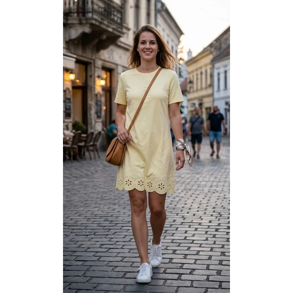 Lézervágott, csipkehatású mintával, sárga ruha/tunika