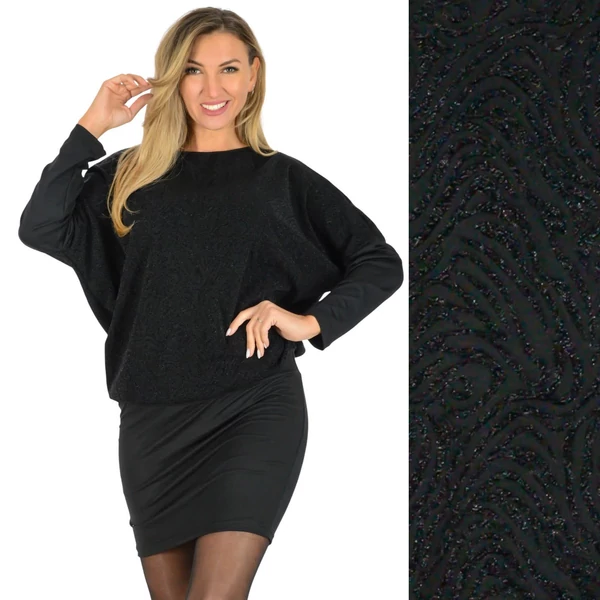 Mintás lurexes, denevérujjú fekete ruha