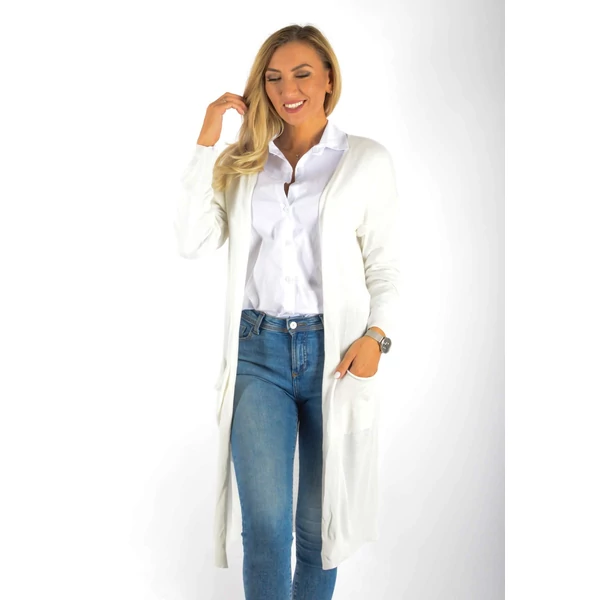 Vékonykötött, hosszított, zsebes fehér kardigán,