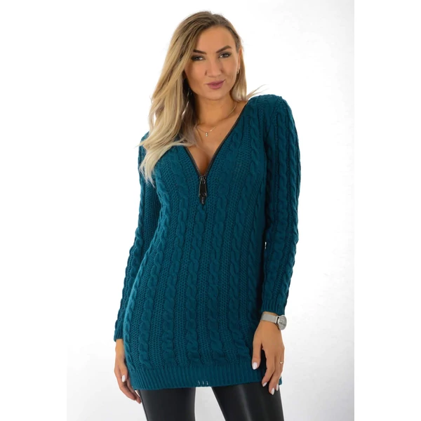 Petrolkék kötött tunika, cipzáras nyakkivágással