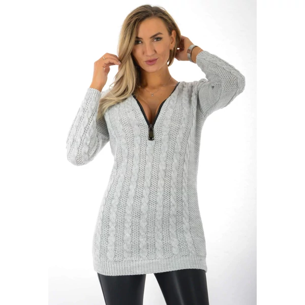 Világos szürke kötött tunika, cipzáras nyakkivágással