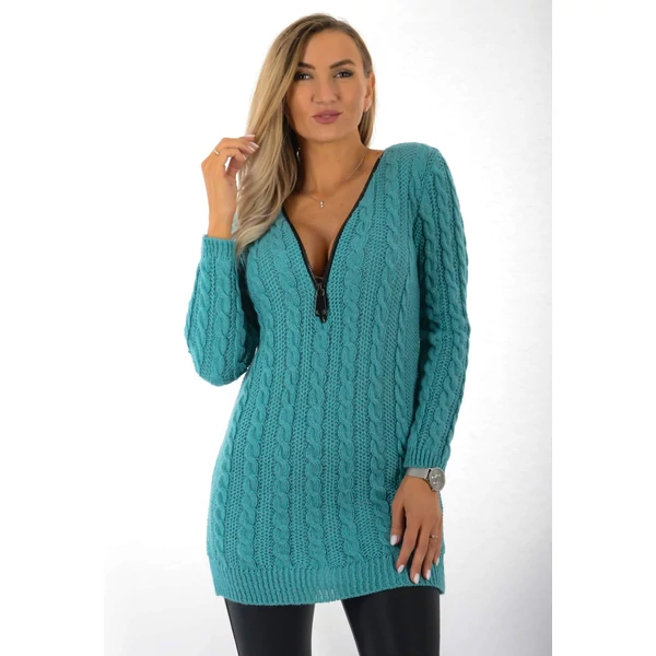 Mentazöld kötött tunika, cipzáras nyakkivágással