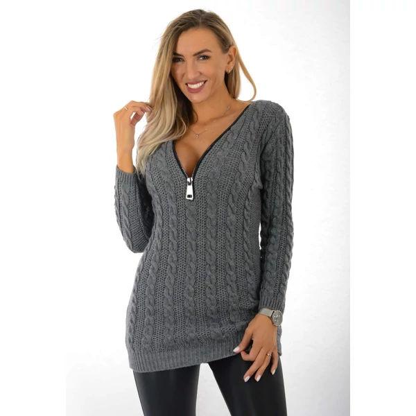 Grafit szürke kötött tunika, cipzáras nyakkivágással