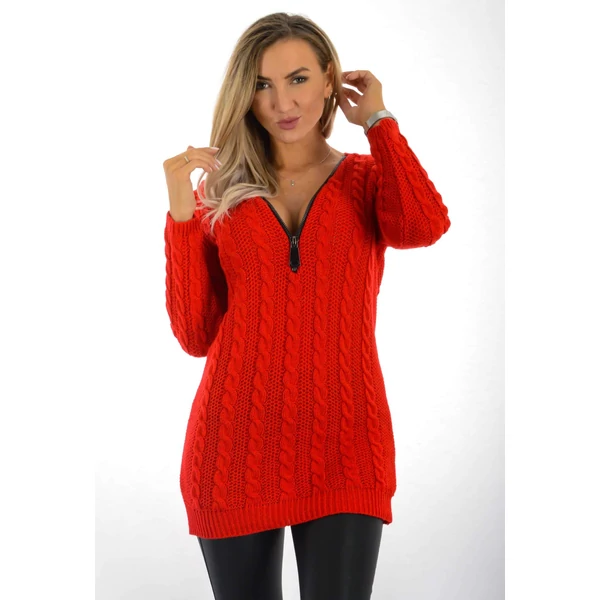 Piros kötött tunika, cipzáras nyakkivágással