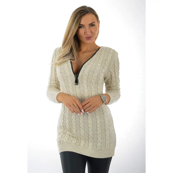 Krém színű kötött tunika, cipzáras nyakkivágással