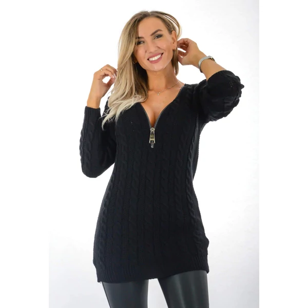 Fekete kötött tunika, cipzáras nyakkivágással