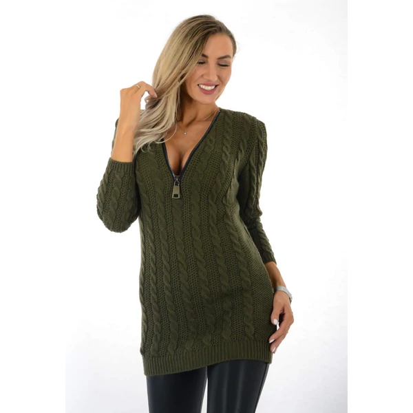 Khakizöld kötött tunika, cipzáras nyakkivágással