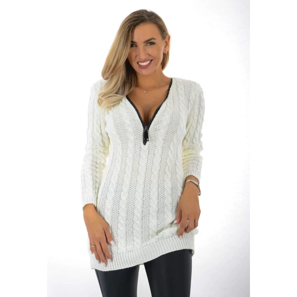 Törtfehér kötött tunika, cipzáras nyakkivágással