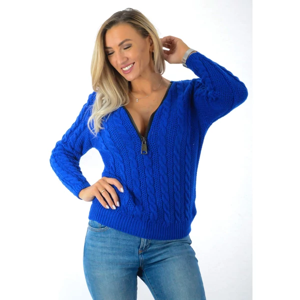 Királykék kötött pulcsi, cipzáras nyakkivágással