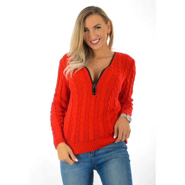 Piros kötött pulcsi, cipzáras nyakkivágással