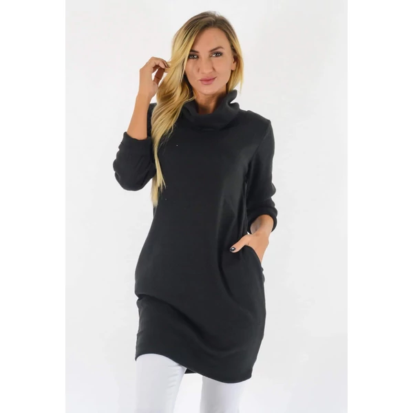 Plüss polár kámzsás nyakú fekete ruha/tunika
