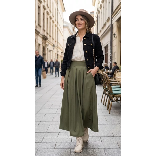 Zsebes khaki elegáns szoknya