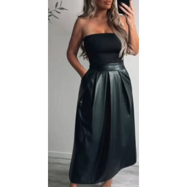 Műbőr zsebes  fekete maxi szoknya