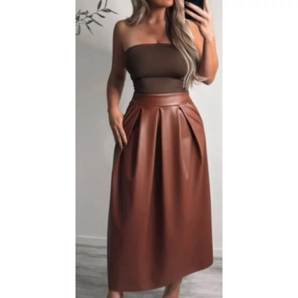 Műbőr zsebes  barna maxi szoknya