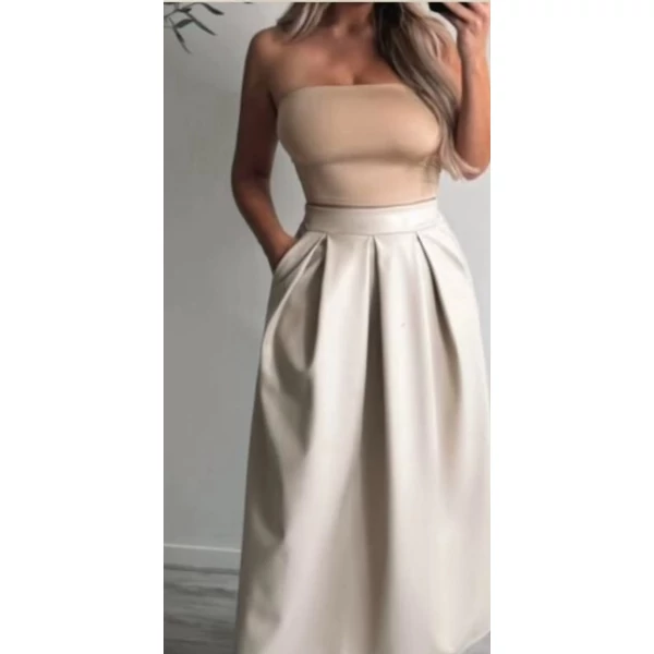 Műbőr zsebes  drapp maxi szoknya