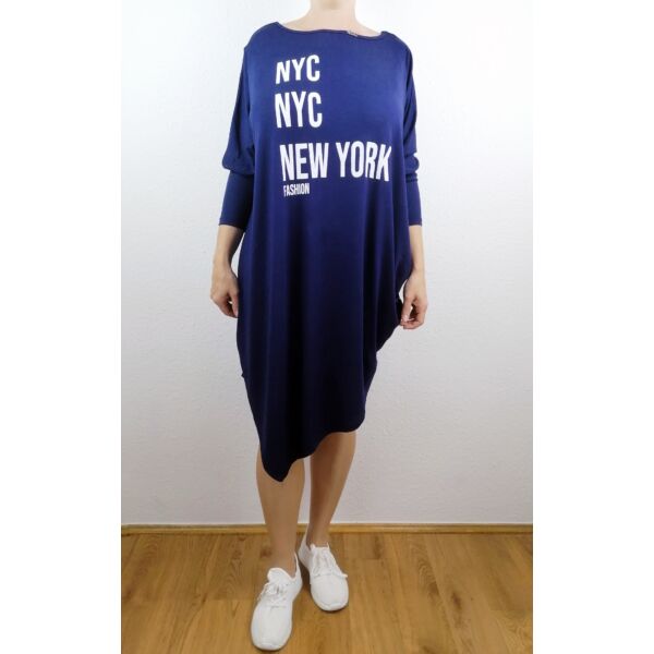 Aszimmetrikus aljú sötétkék New York feliratú tunika/ruha