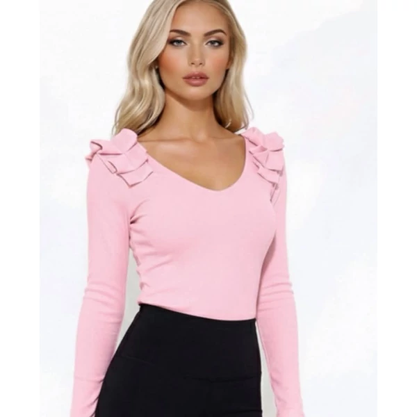 Fodros vállú rózsaszín felső