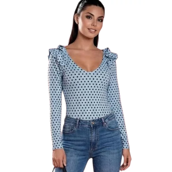 Fodros vállú felső ,kék alapon fekete pöttyökkel 