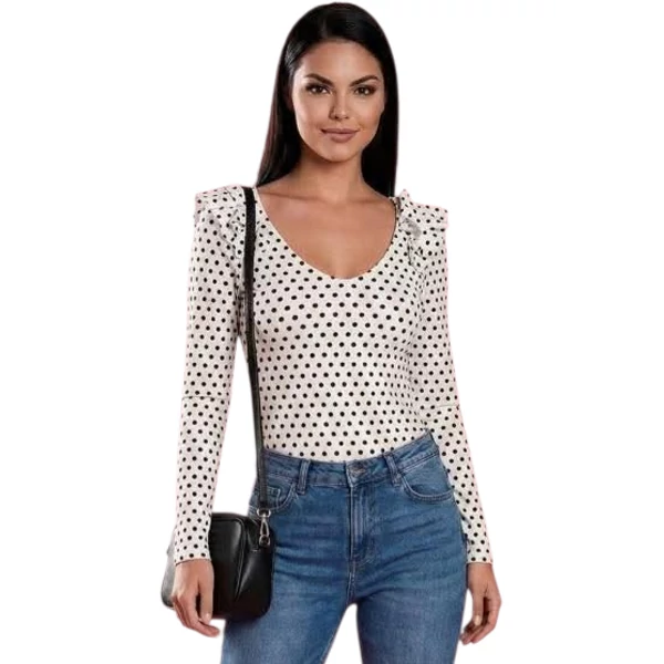 Fodros vállú felső ,törtfehér alapon fekete pöttyökkel 