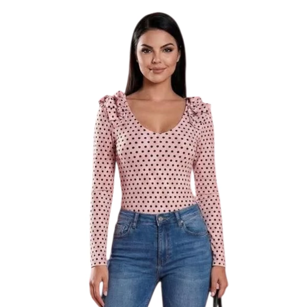 Fodros vállú felső ,mályva alapon fekete pöttyökkel 