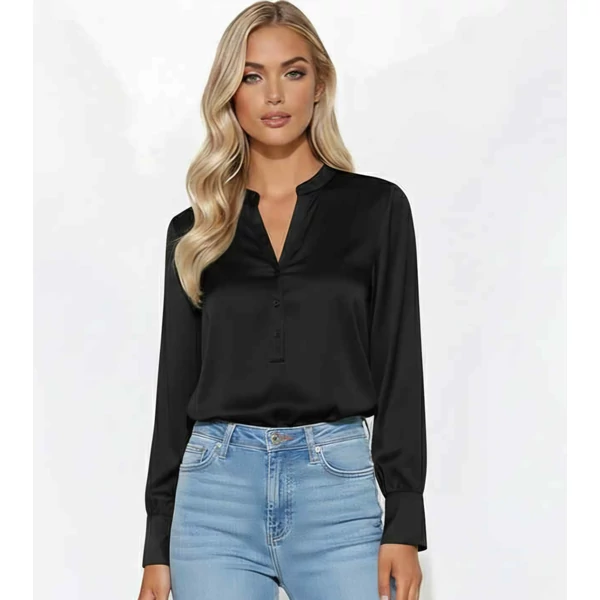 Elegáns, fekete elöl gombos blúz