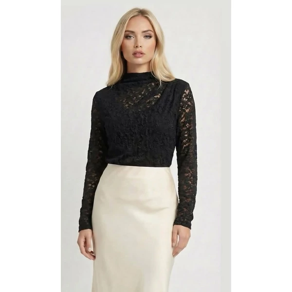 Elegáns, fekete, hosszú ujjú csipkefelső