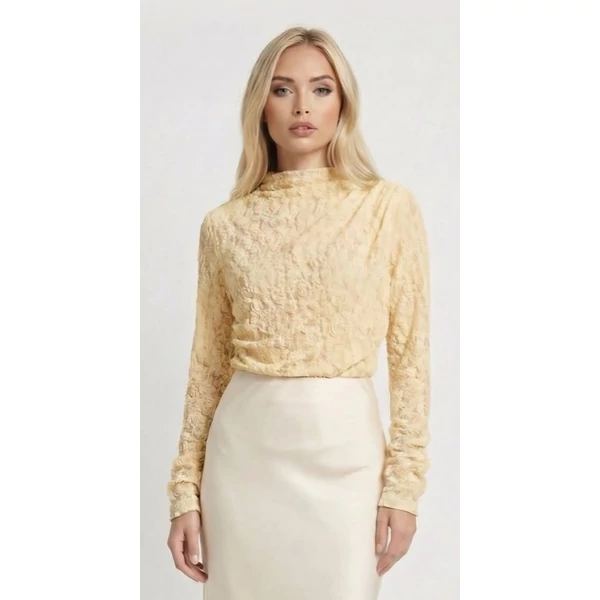 Elegáns, sárga hosszú ujjú csipkefelső