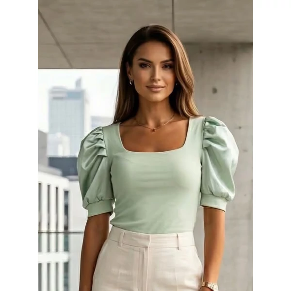 Puffos ujjú  viágoszöld felső