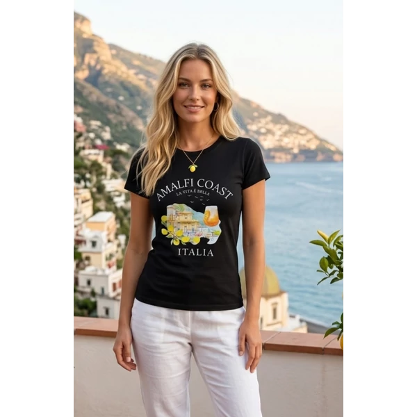 Amalfi coast nyomott mintás fekete póló
