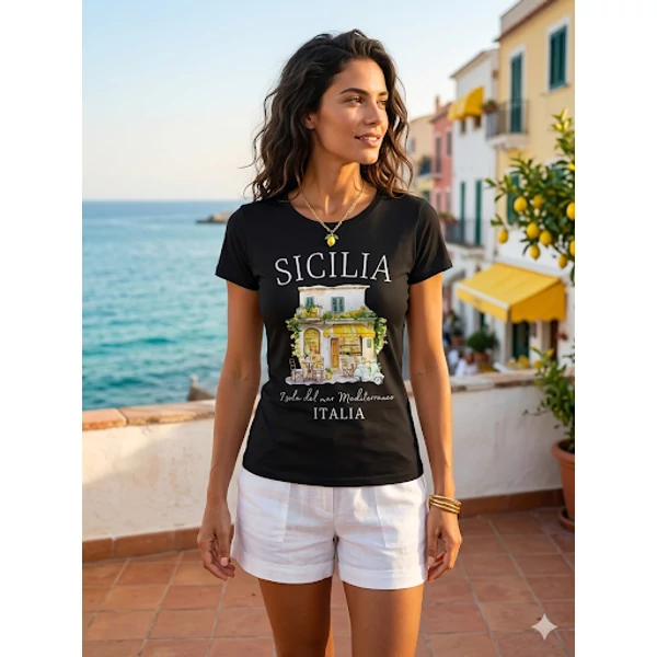 Sicilia nyomott mintás fekete póló