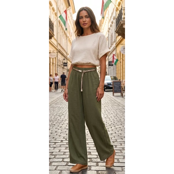 Lenge anyagú bő szabású khaki nadrág 