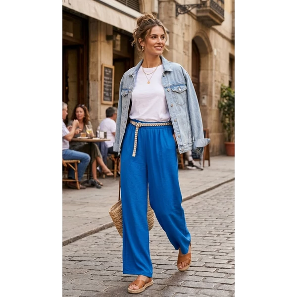 Lenge anyagú bő szabású királykék nadrág 