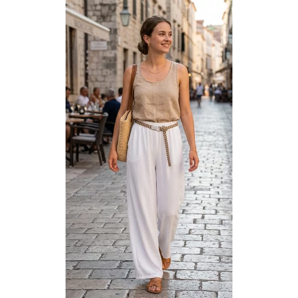 Lenge anyagú bő szabású fehér nadrág 