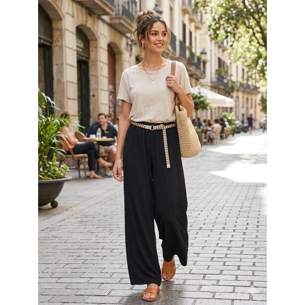 Lenge anyagú bő szabású fekete nadrág 