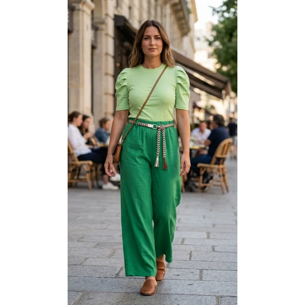 Lenge anyagú bő szabású smaragdzöld nadrág 